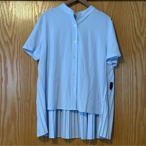 Cotidie‎ Pale Light Blue Button-Up Shirt with Pleated High-Low Detail XL